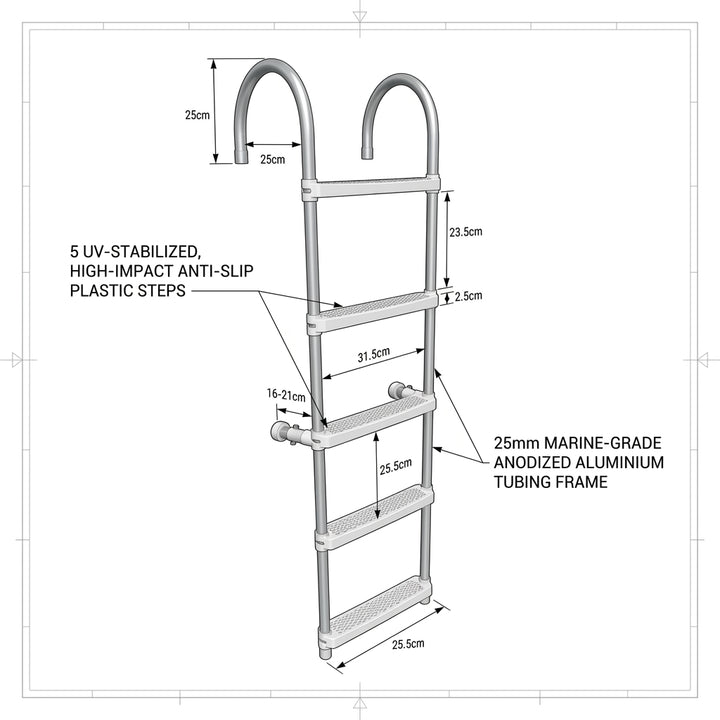 5-Step Aluminium Anti-Slip Boarding Ladder - Lightweight Hook-Over Boat Ladder