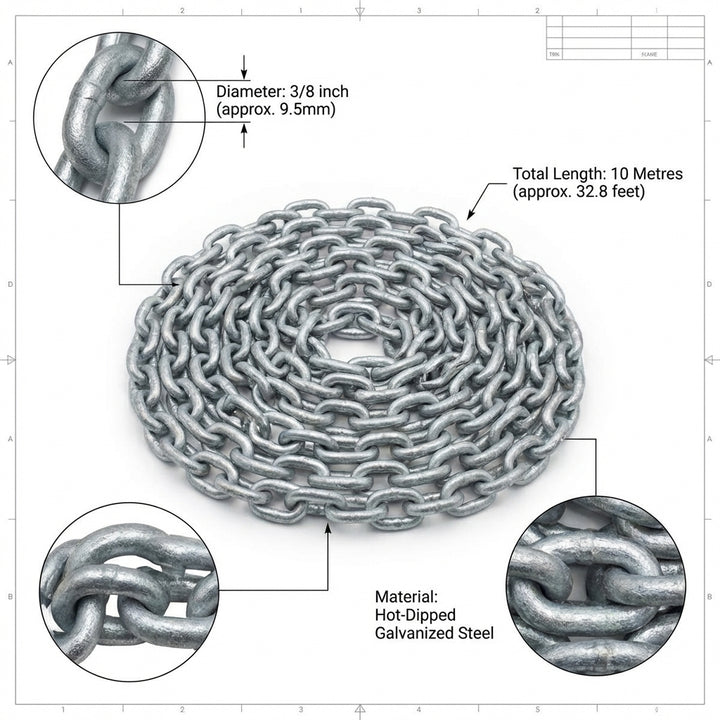 3/8" Galvanized Anchor Lead Chain 10m - Heavy Duty 10mm Marine Boat Chain