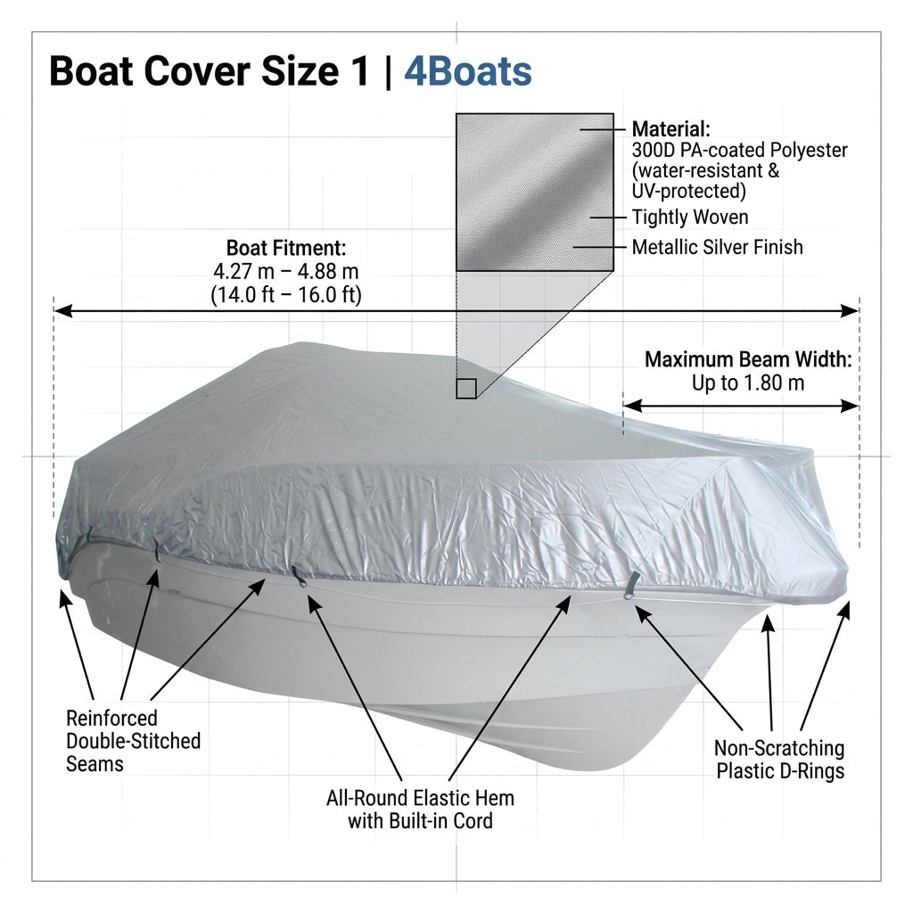 Boat Cover Size 1 | Fits 14-16ft (4.27-4.88m) | Silver Waterproof Marine Grade