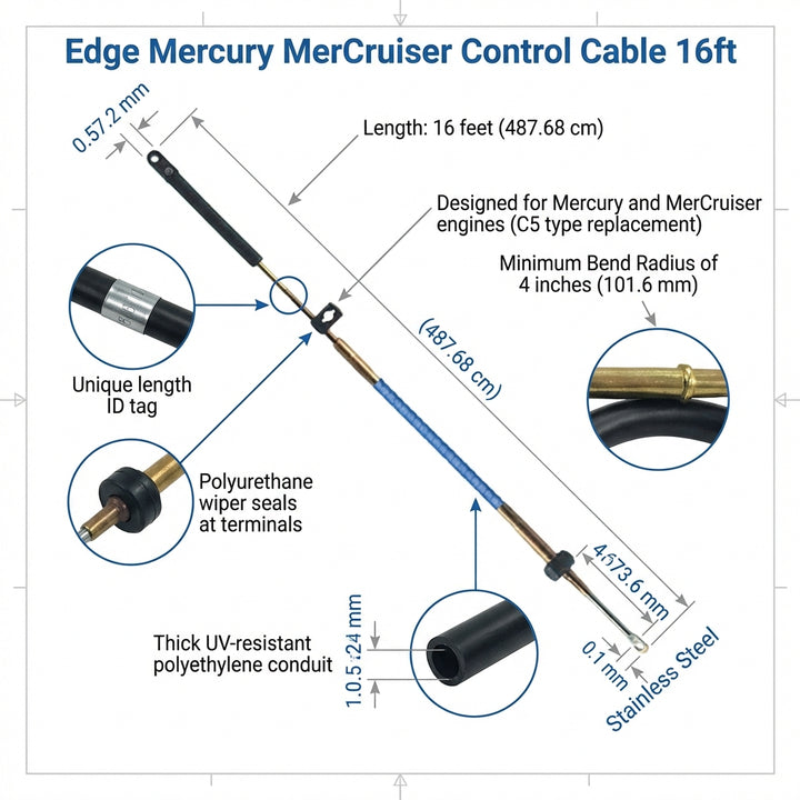 Mercury Mercruiser 16ft Gen 1 Control Cable Edge Multiflex EEC-005-16 487.68cm