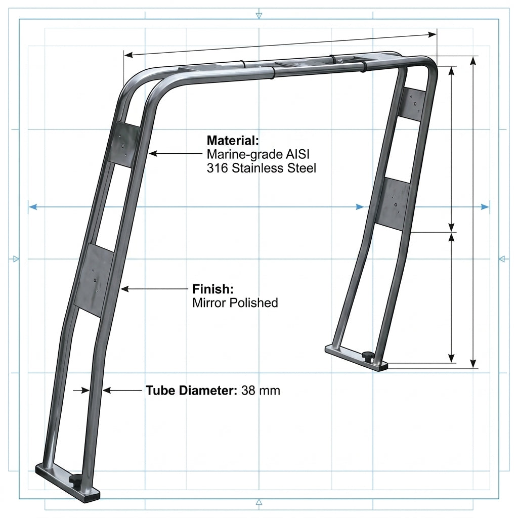Adjustable 316 Stainless Steel Roll Bar for RIBs & Inflatable Boats 38mm Tube