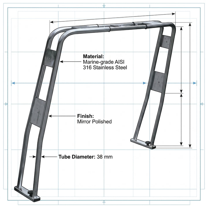 Adjustable 316 Stainless Steel Roll Bar for RIBs & Inflatable Boats 38mm Tube