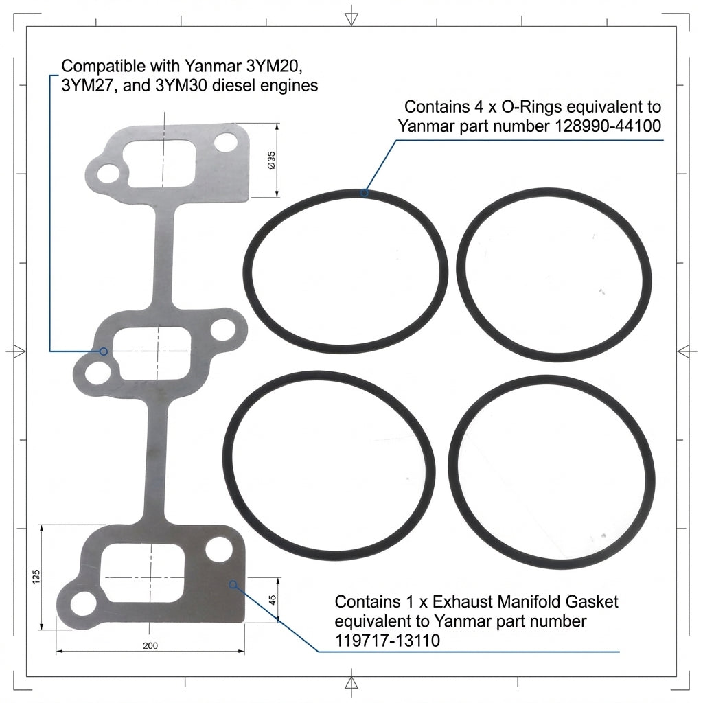 Heat Exchanger Seal Kit for Yanmar 3YM15 3YM20 3YM30 - Replaces 128990-44100