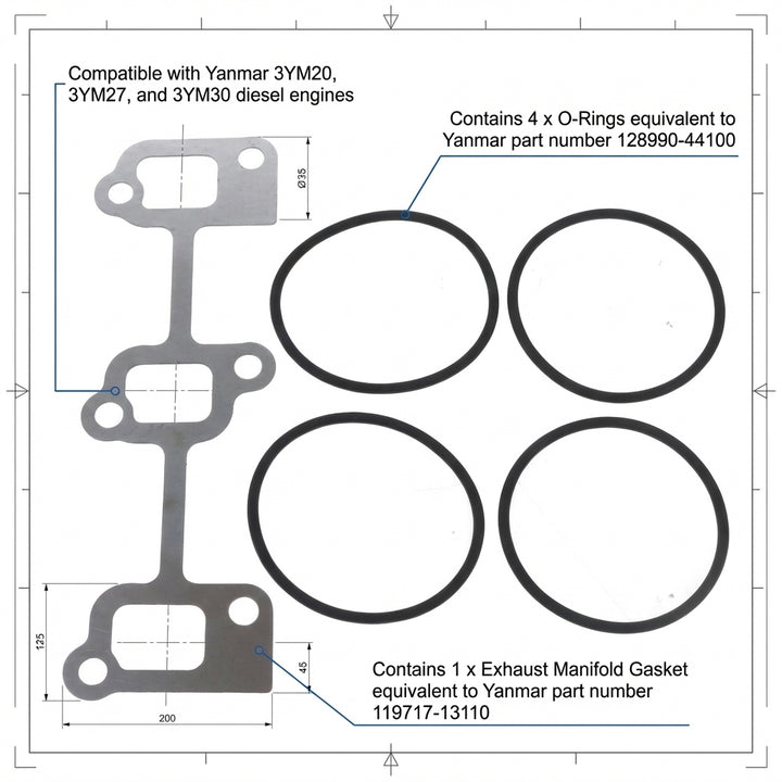 Heat Exchanger Seal Kit for Yanmar 3YM15 3YM20 3YM30 - Replaces 128990-44100