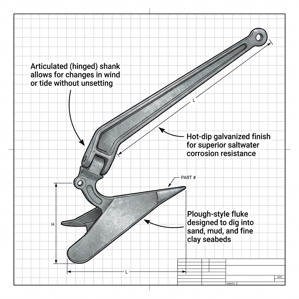 Talamex Galvanized Plough Anchor - CQR Style Boat Mooring 7kg 9kg 12kg 15kg 22kg