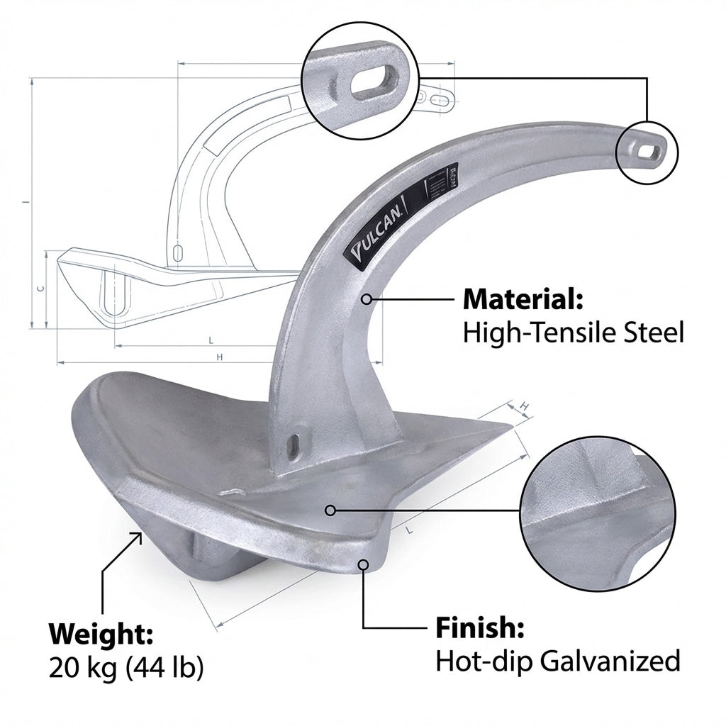 Rocna Vulcan Galvanised Anchor 20kg 44lb High Holding Power 77-106-075 Boat