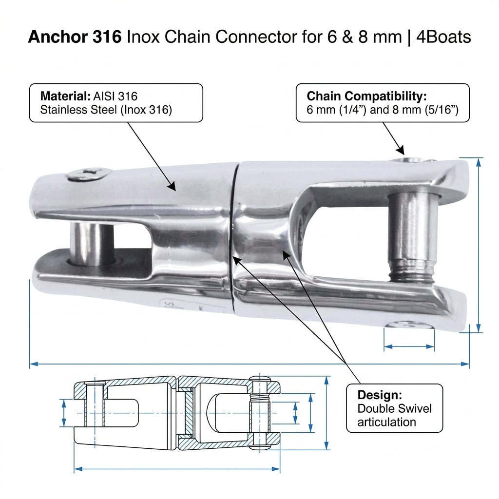 Anchor Chain Connector AISI 316 Stainless Steel 6mm 8mm Chain Lalizas 98076