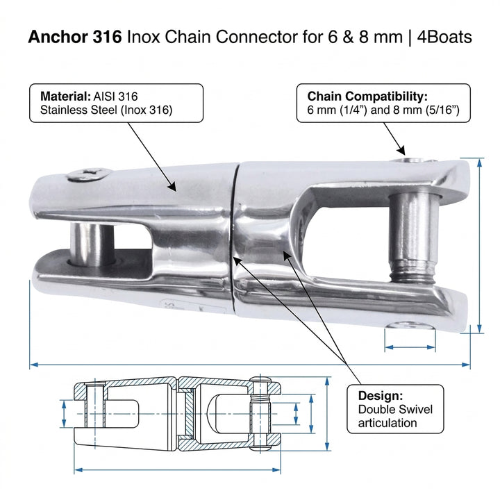 Anchor Chain Connector AISI 316 Stainless Steel 6mm 8mm Chain Lalizas 98076