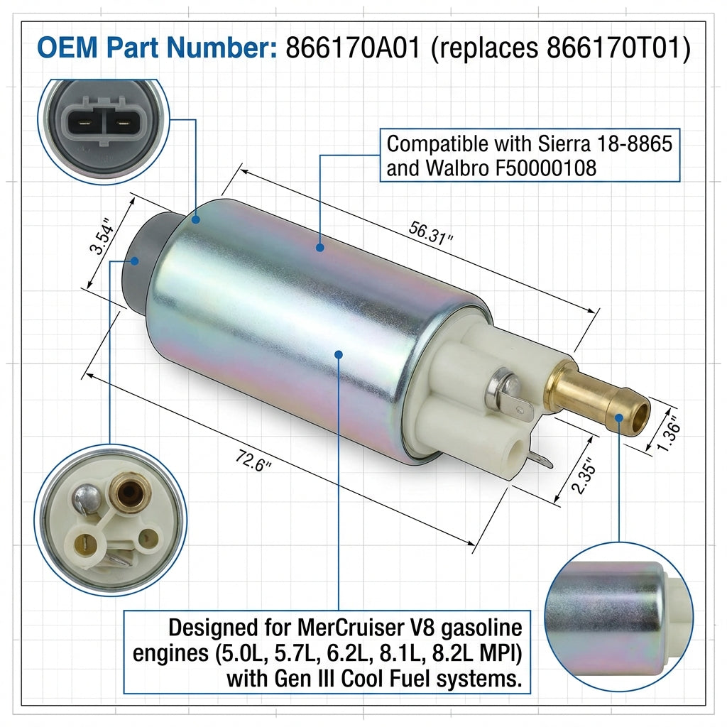 Low Pressure Fuel Pump for Mercrusier Cool Fuel III Module, 866170A01
