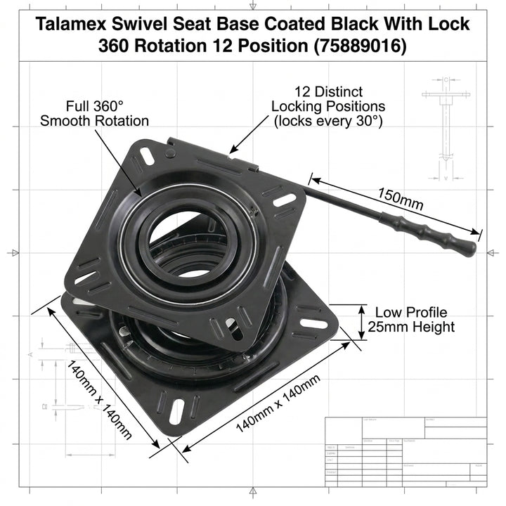 Talamex Swivel Seat Base Coated Black With Lock 360 Rotation 12 Position 75889016