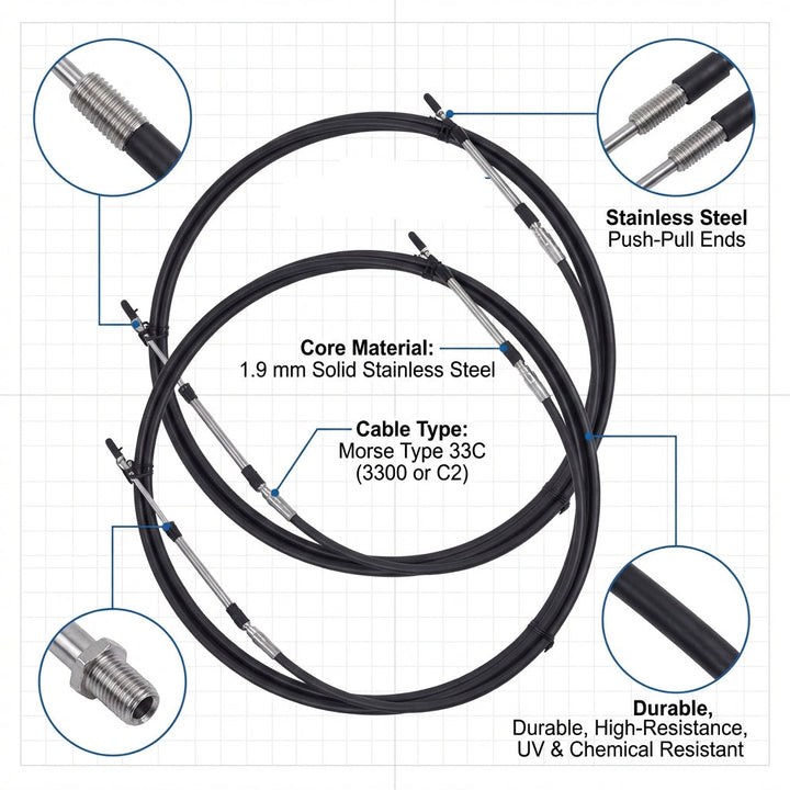 10ft Pair Outboard Gear/Throttle Control Cable 33C for Yamaha Suzuki Tohatsu C2 Type