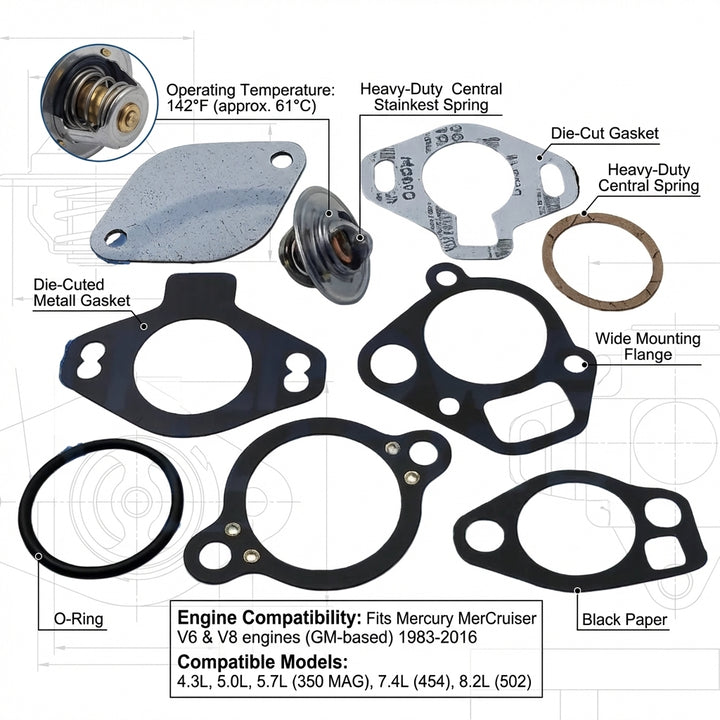 MerCruiser Thermostat Kit 142°F 8M0089715 RM75-02367 V6 V8 4.3 5.0 5.7L Marine
