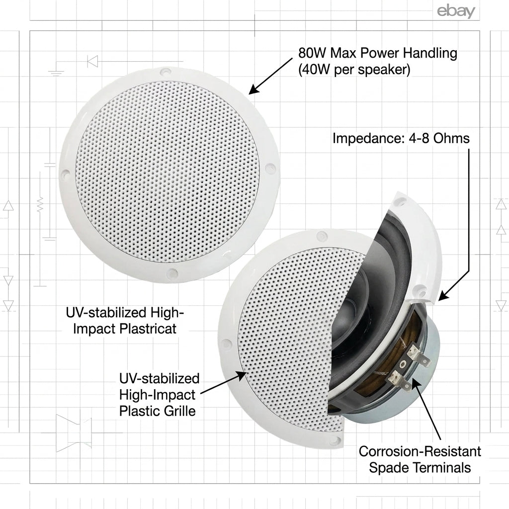 Marine Grade Waterproof Boat Speakers 80W Pair White 4.5" Cutout UV Stabilised