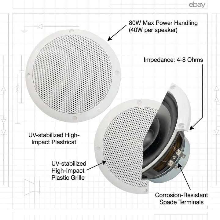 Marine Grade Waterproof Boat Speakers 80W Pair White 4.5" Cutout UV Stabilised