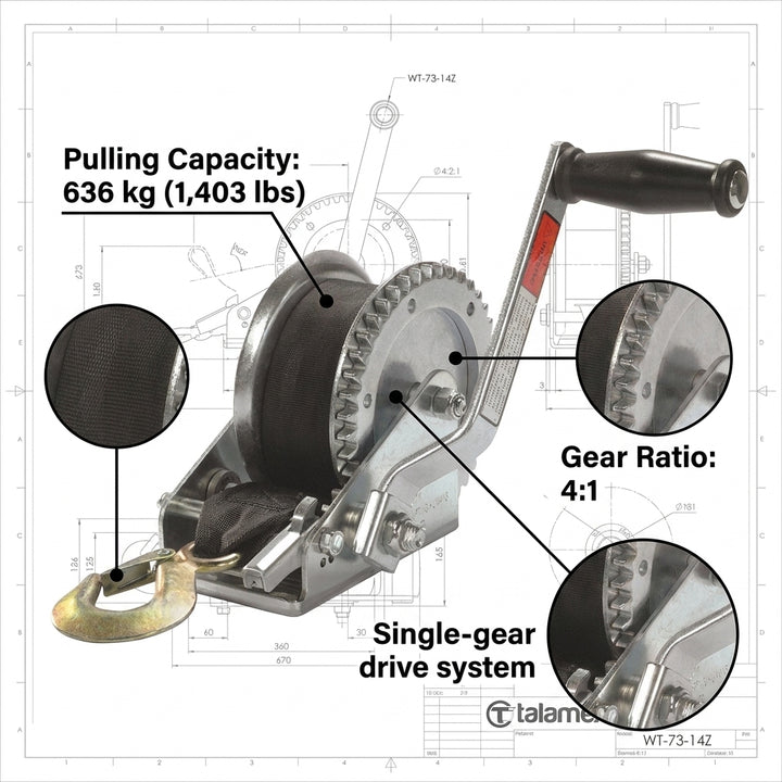 Talamex Trailer Winch WT 73-14 Soft Webbing 636kg 4:1 Ratio 6m Belt Zinc Plated
