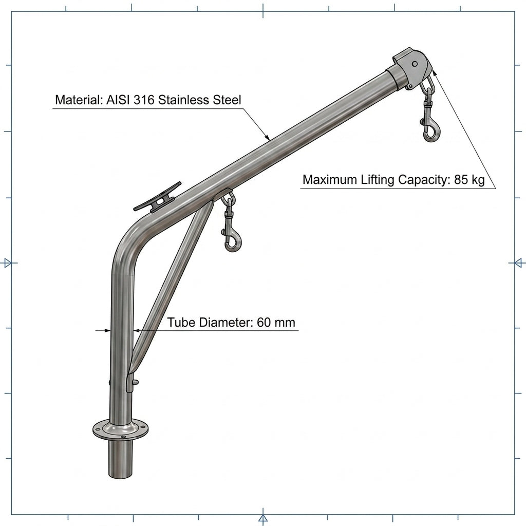 Lalizas AISI 316 Stainless Steel Boat Davit 85kg Max Lift 60mm Tube 70141