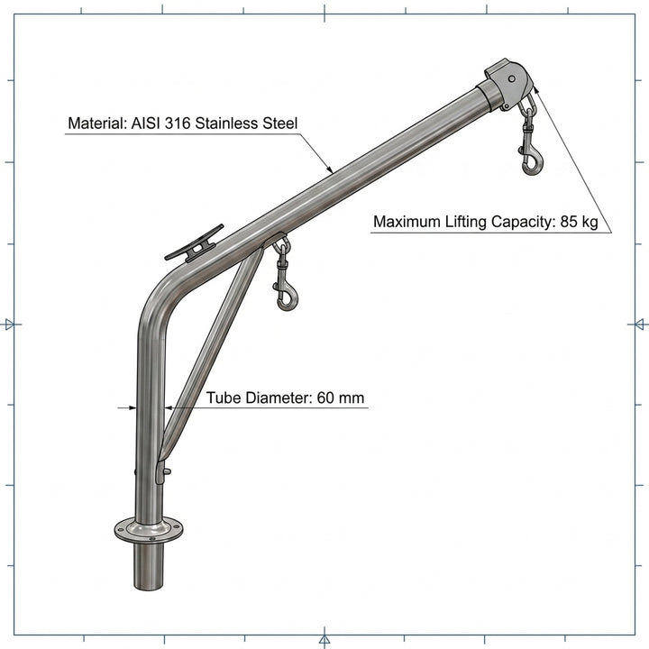 Lalizas AISI 316 Stainless Steel Boat Davit 85kg Max Lift 60mm Tube 70141