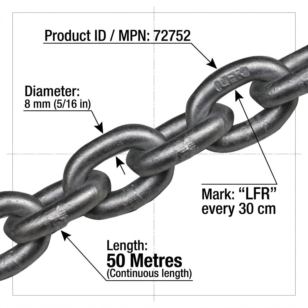 Lofrans 8mm G40 Calibrated Anchor Chain 50m Pack Galvanized ISO 4565 DIN 766