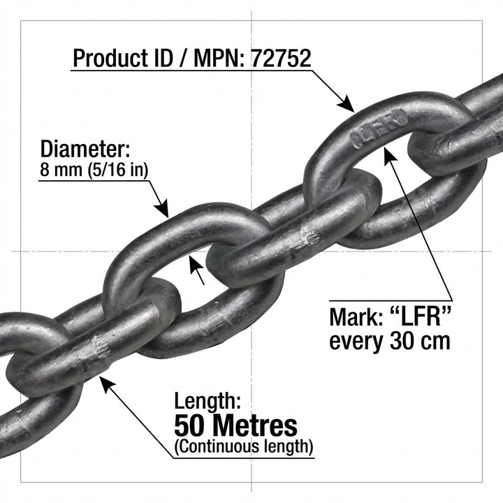 Lofrans 8mm G40 Calibrated Anchor Chain 50m Pack Galvanized ISO 4565 DIN 766