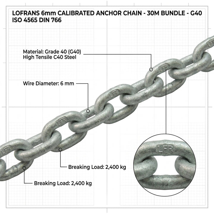 CALIBRATED Hot 6mm Hot-Dip Galvanised Chain, 60m Reel | 4Boats
