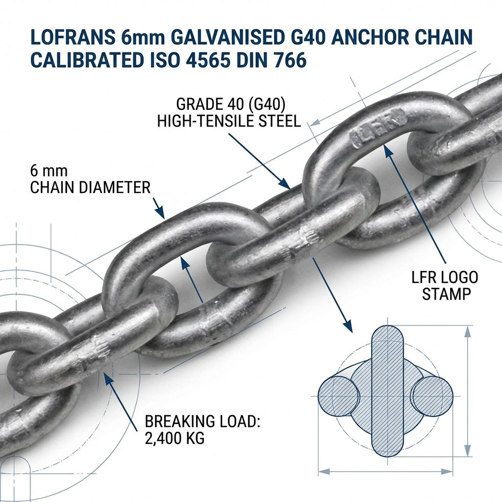 Lofrans 6mm Galvanised G40 Anchor Chain Calibrated ISO 4565 DIN 766- price per meter