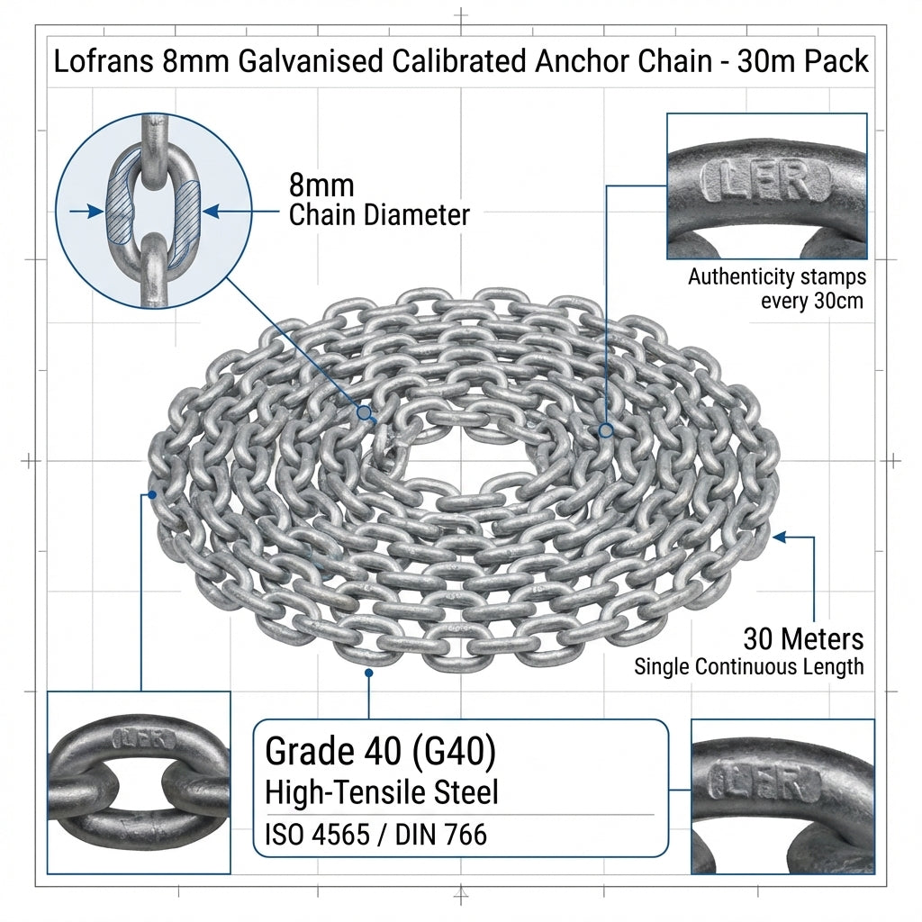 Lofrans 8mm Galvanised Calibrated Anchor Chain 30m Pack G40 ISO 4565 DIN 766