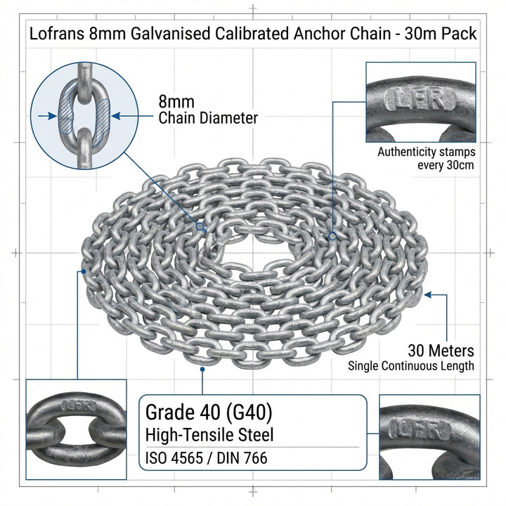 Lofrans 8mm Galvanised Calibrated Anchor Chain 30m Pack G40 ISO 4565 DIN 766