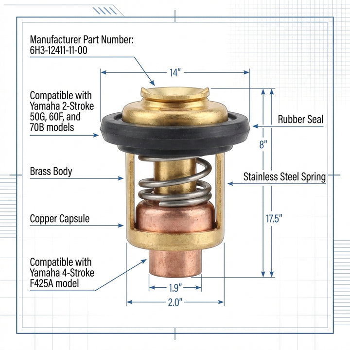 Thermostat for Yamaha Outboard 2-Stroke Engines | Replaces 688-12411-10 / 6H3-12411-11 / 6E5-12411-02 | 60°C Rated
