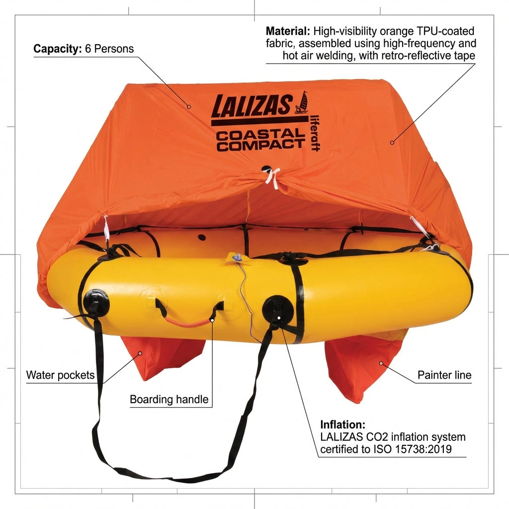 LALIZAS 6-Person Coastal Compact Liferaft Valise with Canopy - Marine Safety 75878