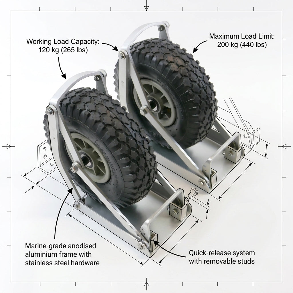 Rugged Heavy Duty Launching Wheels Retractable Aluminium Inflatable Boat Dinghy