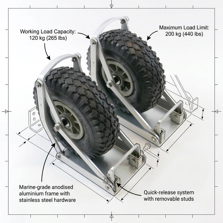 Rugged Heavy Duty Launching Wheels Retractable Aluminium Inflatable Boat Dinghy