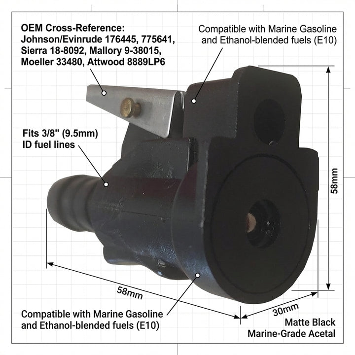 Fuel Connector for Johnson Evinrude Outboards 3/8" Hose - Replaces 176445