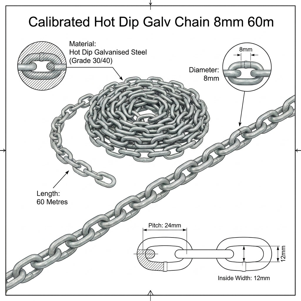 8mm Calibrated Hot Dip Galvanised Marine Anchor Chain 60m Length DIN766 Grade 30