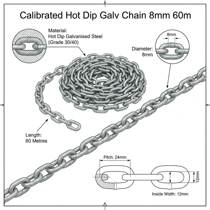 8mm Calibrated Hot Dip Galvanised Marine Anchor Chain 60m Length DIN766 Grade 30