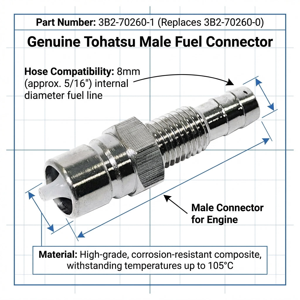 Genuine Tohatsu Male Fuel Connector 3B2-70260-1 | 8mm 5/16" Outboard Hose Barb