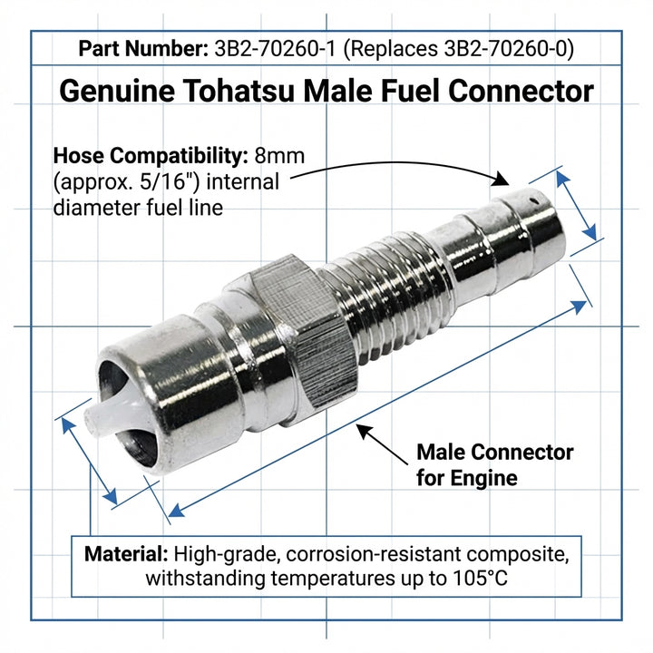 Genuine Tohatsu Male Fuel Connector 3B2-70260-1 | 8mm 5/16" Outboard Hose Barb