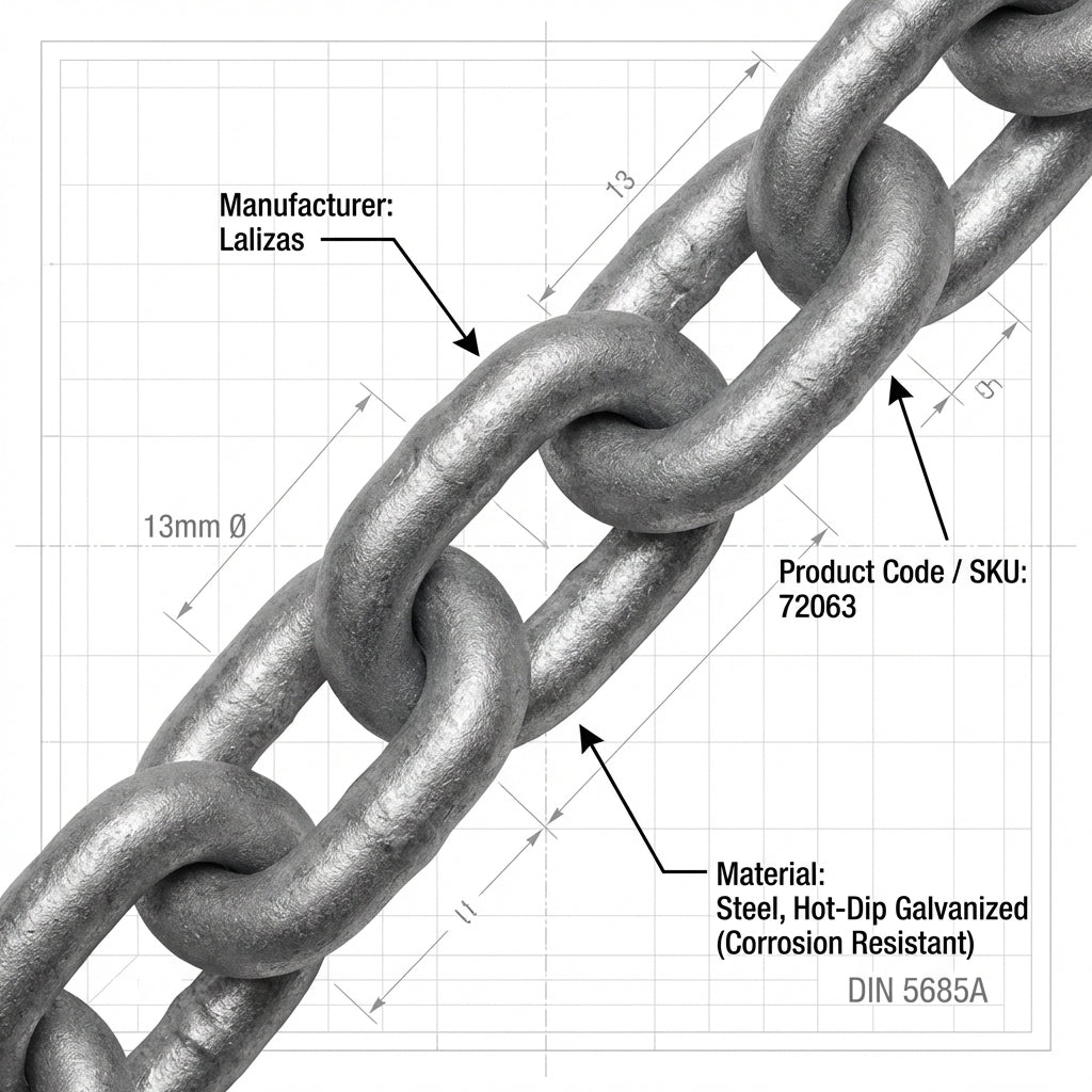 13mm Hot-Dip Galvanized Chain DIN 5685A Genovese Marine Mooring Lalizas 72063