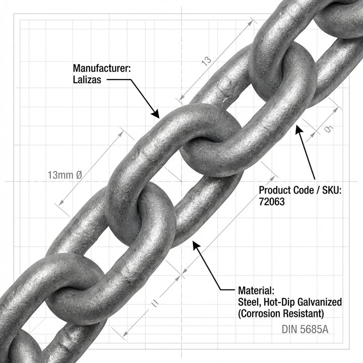 13mm Hot-Dip Galvanized Chain DIN 5685A Genovese Marine Mooring Lalizas 72063