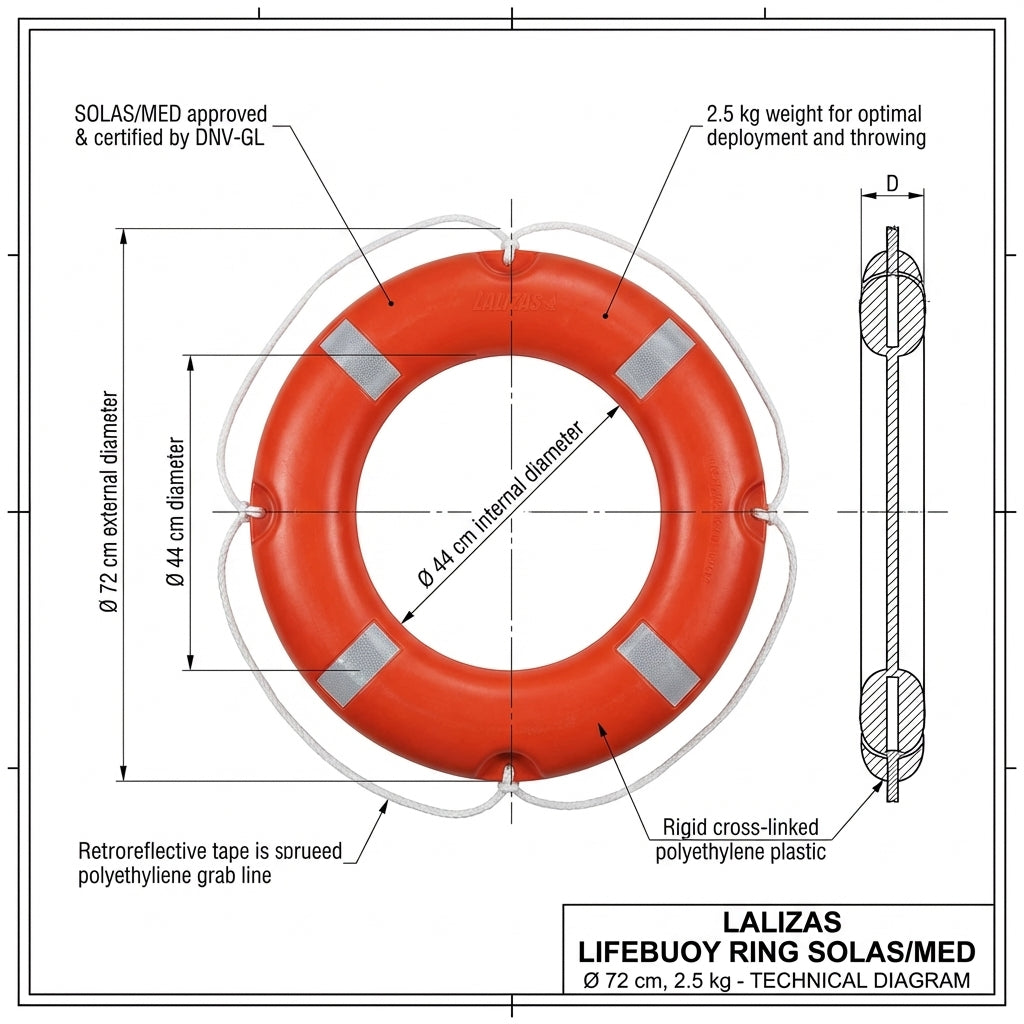 Lalizas Lifebuoy Ring SOLAS MED 72cm 2.5kg with Reflective Tape