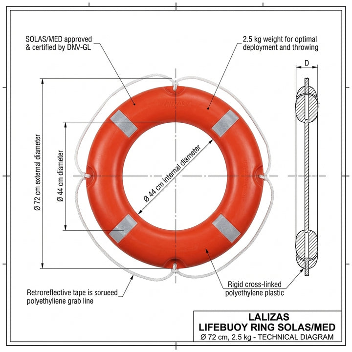 Lalizas Lifebuoy Ring SOLAS MED 72cm 2.5kg with Reflective Tape