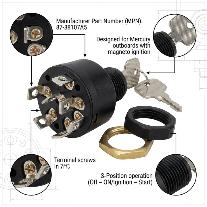 Ignition Key Switch for Mercury Outboard 87-88107A5 Push-to-Choke 7-Terminal