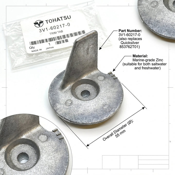 Genuine Tohatsu Trim Tab Anode 3V1‑60217‑0 – 6‑20 HP Outboard Protection