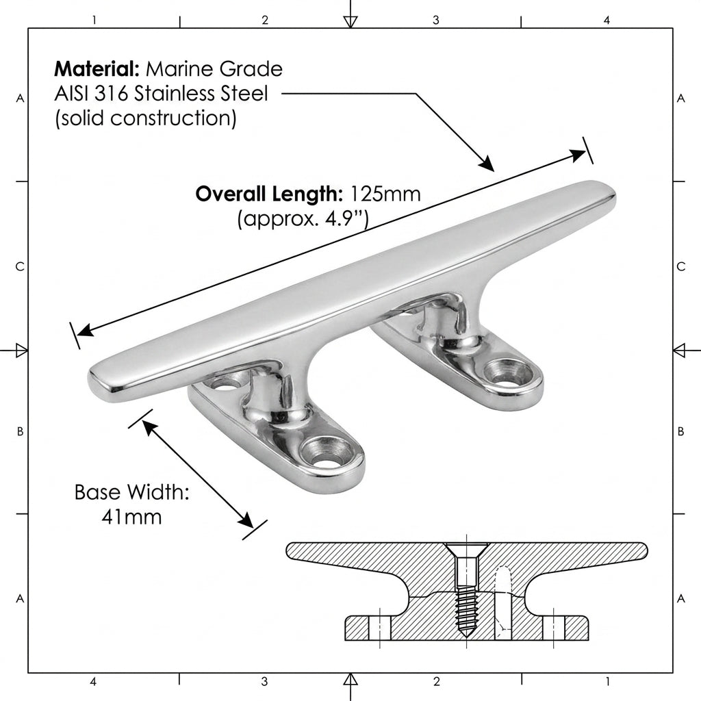 125mm Low Silhouette Cleat 316 Stainless Steel Heavy Duty Marine Boat Dock 5"