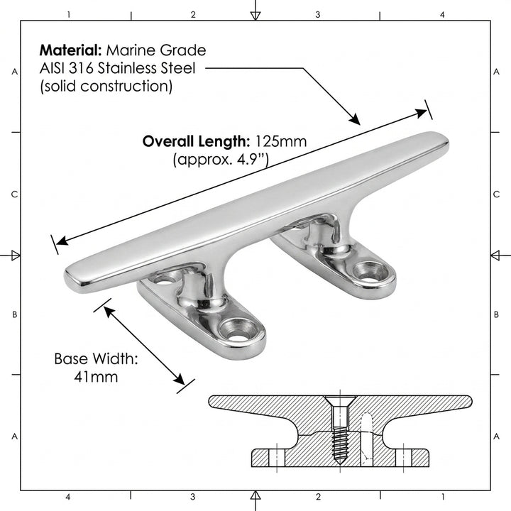 125mm Low Silhouette Cleat 316 Stainless Steel Heavy Duty Marine Boat Dock 5"