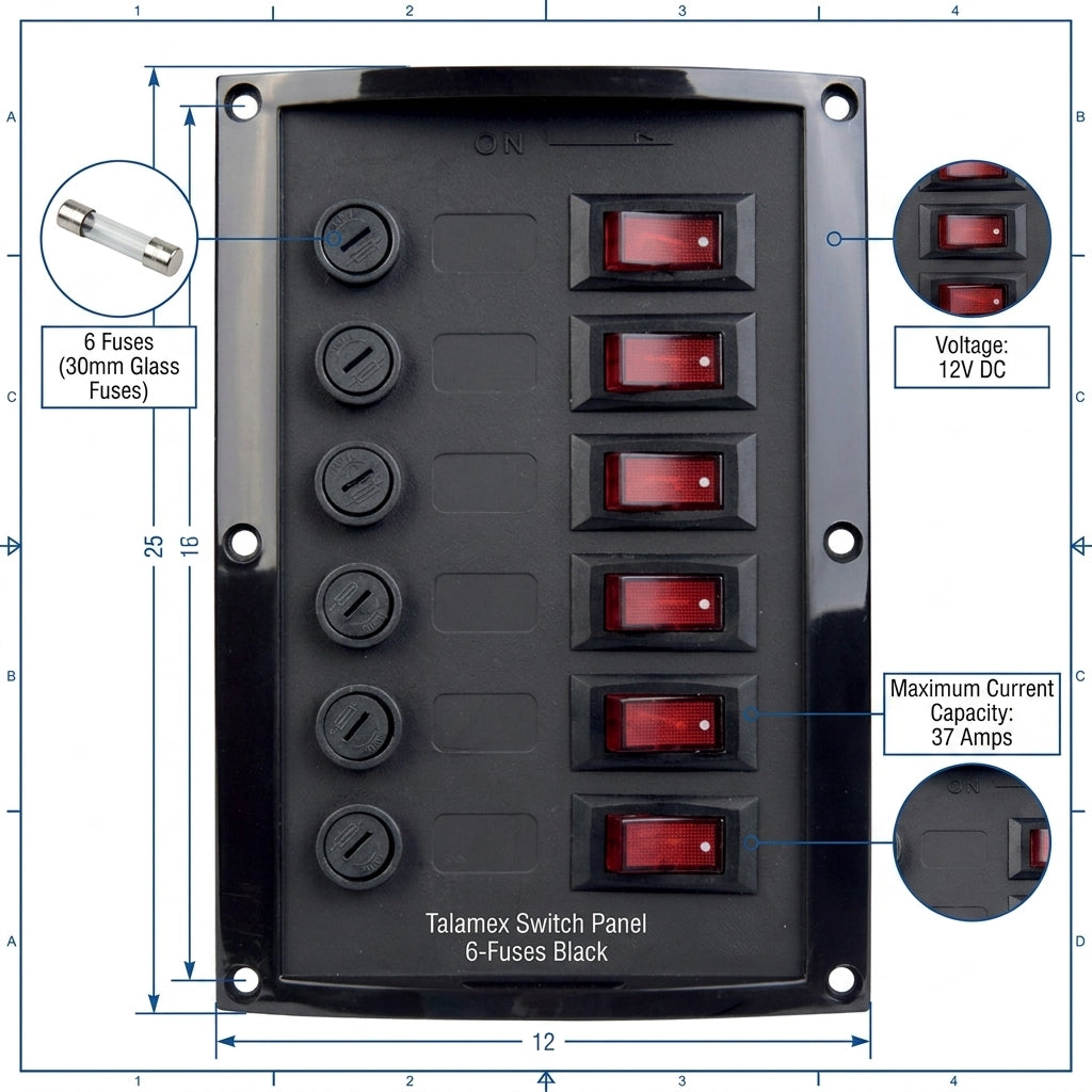 Talamex 6-Fuse Marine Switch Panel 12V 37A Black 165x114mm 14.577.006