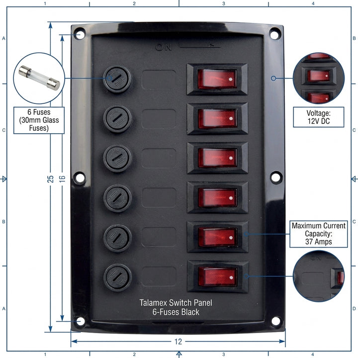 Talamex 6-Fuse Marine Switch Panel 12V 37A Black 165x114mm 14.577.006
