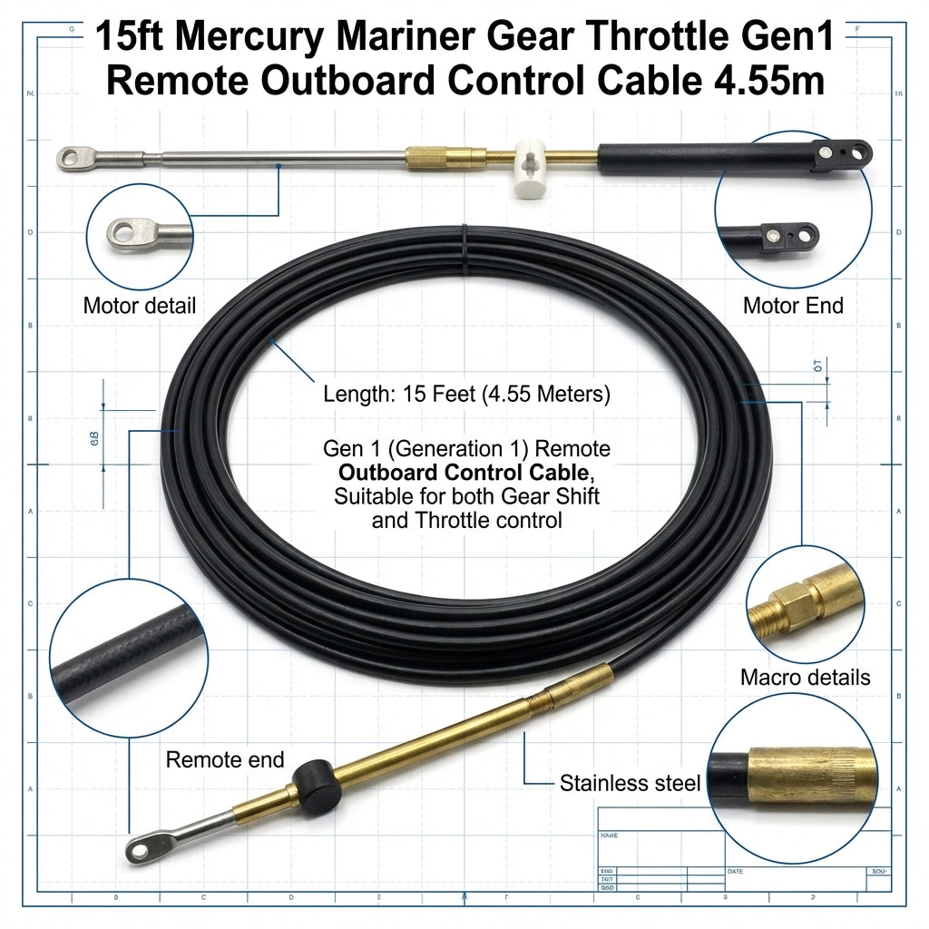 Pair 15ft Mercury Mariner Gen1 Remote Outboard Control Cable 4.55m Gear Throttle C5 Type