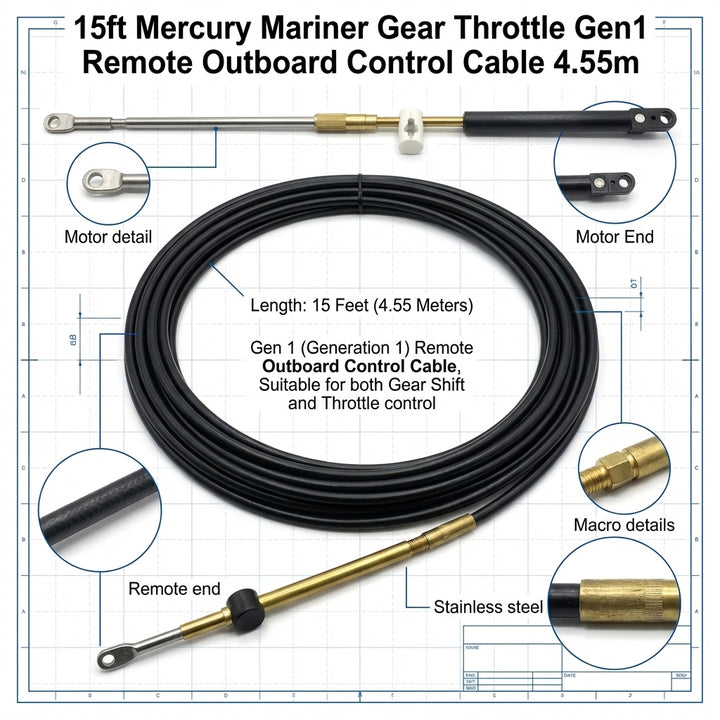 Pair 15ft Mercury Mariner Gen1 Remote Outboard Control Cable 4.55m Gear Throttle C5 Type