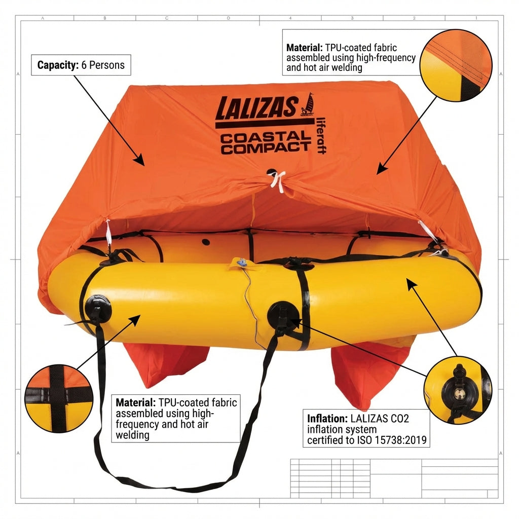 LALIZAS 6-Person Coastal Compact Liferaft Valise with Canopy - Marine Safety 75878