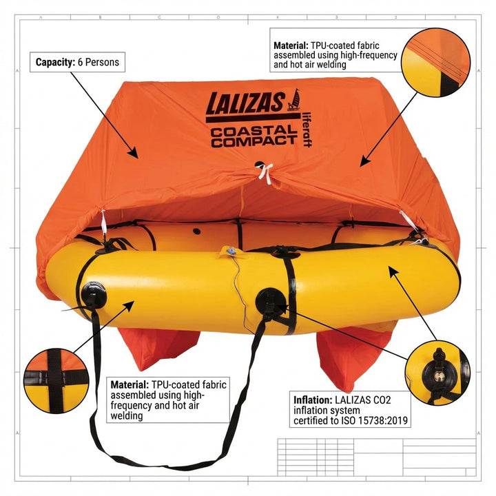 LALIZAS 6-Person Coastal Compact Liferaft Valise with Canopy - Marine Safety 75878